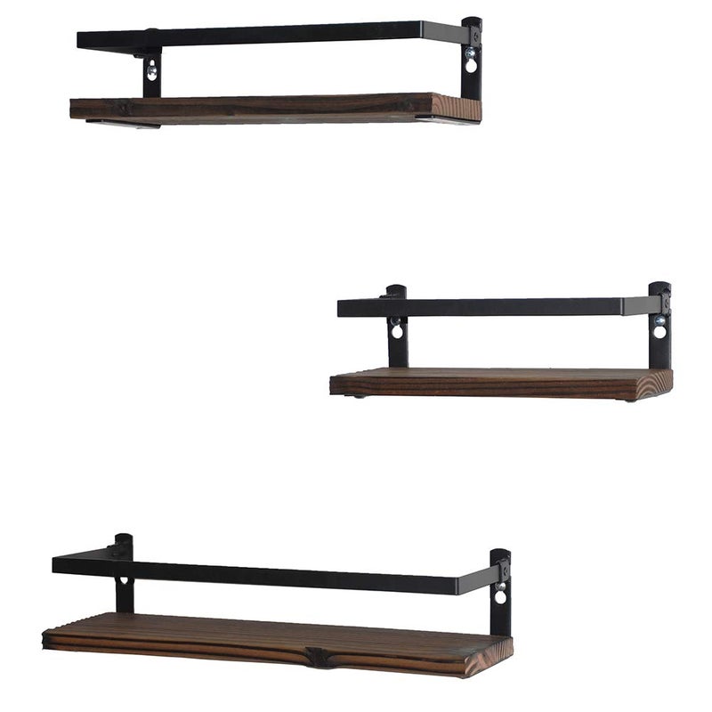 PHUNAYA Floating Shelves Rustic Wood Wall Mounted Shelf Practical Metal Fence Design Ideal for Bedroom, Bathroom, Kitchen Set of 3(Brown) - Image 1